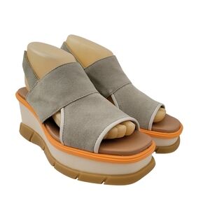 Sorel Gray Leather Joanie III Slingback Platform Wedge Heel Open Toe Sandals 8